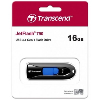 16GB USB3.1 Flash Drive Transcend "JetFlash 790", Black, Slider (R/W:90/20MB/s) 64939 фото