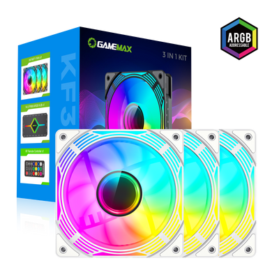 PC Case Fan GAMEMAX KF300 WH, 3xARGB Fan Kit, 120mm, 31.21dB, 800-1600RPM, Remote+ Hub, White 207479 фото