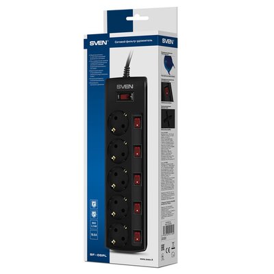 Surge Protector 5 Sockets, 3.0m, Sven "SF-05PL", BLACK, individual switches, flame-retardant 87650 фото