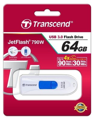 64GB USB3.1 Flash Drive Transcend "JetFlash 790", White, Slider (R/W:90/30MB/s) 67976 фото