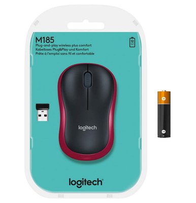 Wireless Mouse Logitech M185, Optical, 1000 dpi, 3 buttons, Ambidextrous, 1xAA, Red 54019 фото