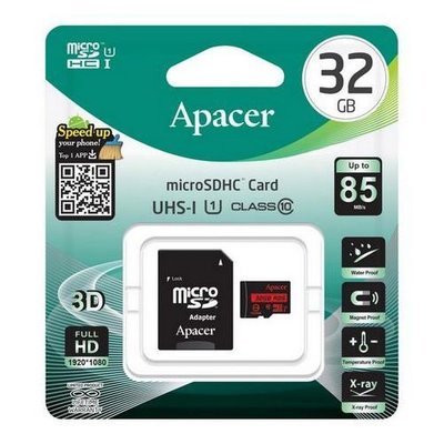 .32GB MicroSD (Class 10) UHS-I (U1) +SD adapter, Apacer "AP32GMCSH10U5-R" (R/W:85/20MB/s) 91581 фото
