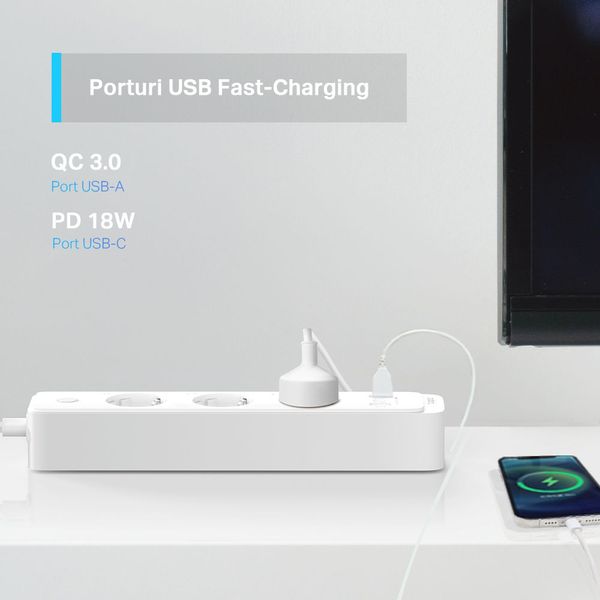 TP-LINK "Tapo P300" Wi-Fi Smart Power Strip, 3xSockets, 2xUSB with QC 3.0, USB-C 18W 202580 фото
