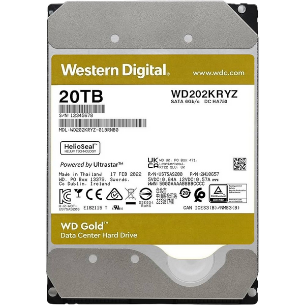 3.5" HDD 20.0TB-SATA-512MB Western Digital "Gold (WD202KRYZ)", Enterprise, CMR, 7200rpm, 2.5M (MTBF) 205594 фото