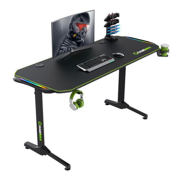 Gaming Desk Gamemax D140-Carbon RGB, 140x60x75cm, Headsets hook, Cup holder, Cable managment,RGB Led 135022 фото
