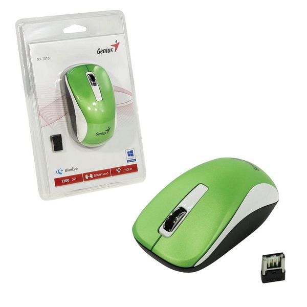 Wireless Mouse Genius NX-7010, Optical, 800-1600 dpi, 3 buttons, Ambidextrous, BlueEye, 1xAA, Green 82492 фото