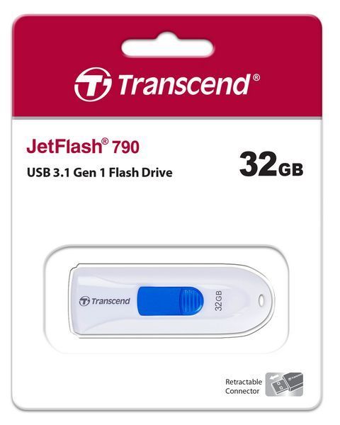 32GB USB3.1 Flash Drive Transcend "JetFlash 790", White, Slider (R/W:90/25MB/s) 67156 фото