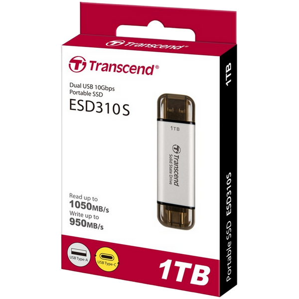 2.0TB Transcend Portable SSD ESD310S Silver, USB-A/C 3.2 (71.3x20x7.8 mm, 11g, R/W:1050/950 MB/s) 213923 фото