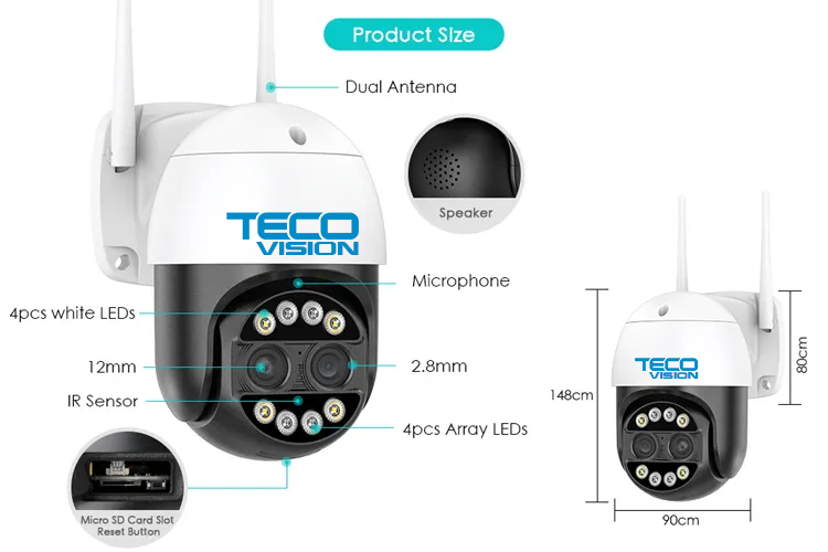 TECO VISION 4 Megapixeli lentile duble unghi de vedere 360° audio + microfon 128 GB WIFI PTZ Dome 36-8-101 фото