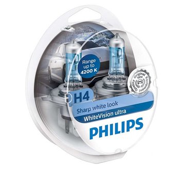 H4 PHILIPS WhiteVisionUltra +60% Bec Halogen 12V 60/55W P43t-38 +2 W5W (2 buc.) 12342WVUSM фото