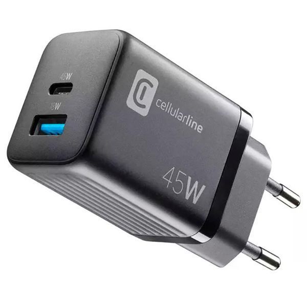 Зарядное устройство GAN Cellularline, 2 Ports, PD + USB, 45W, Black 145680 фото