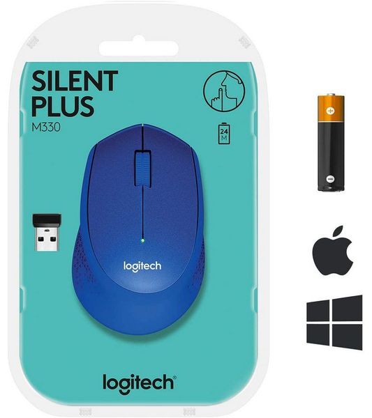 Wireless Mouse Logitech M330 Silent Plus, Optical, 1000 dpi, 3 buttons, Ergonomic, 1xAA, Blue 83027 фото