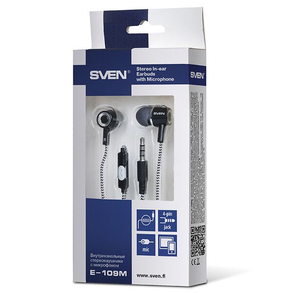 Earphones SVEN E-109M, Black, with Microphone, 4pin 3.5mm mini-jack, cable 1.2m 129504 фото