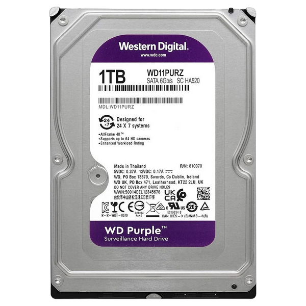 3.5" HDD 1.0TB-SATA- 64MB Western Digital "Purple (WD11PURZ)", Surveillance, CMR 209929 фото