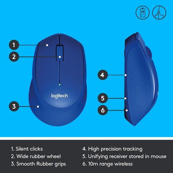Wireless Mouse Logitech M330 Silent Plus, Optical, 1000 dpi, 3 buttons, Ergonomic, 1xAA, Blue 83027 фото