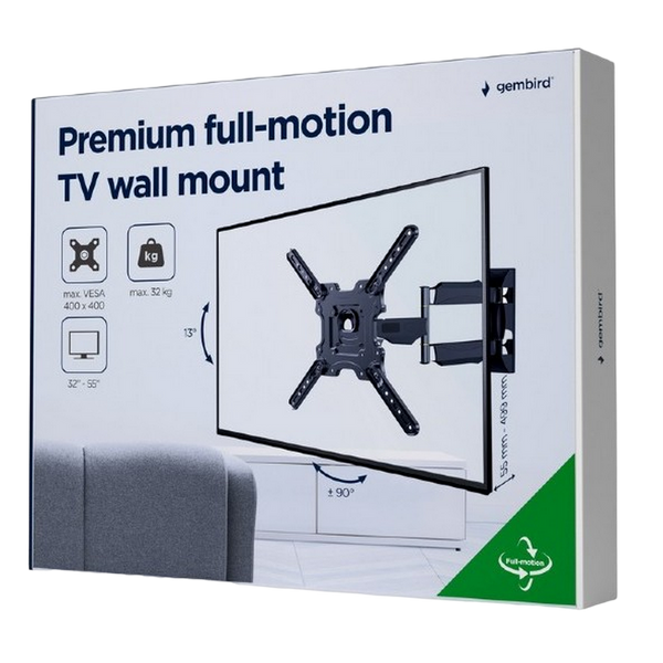 Wall Mount Gembird "WM-55ST-01" Black 32"-55" 32kg VESA:up 400x400, Wall dist:55-499mm &plusmn;90&deg;,-5/+8&deg; 216150 фото