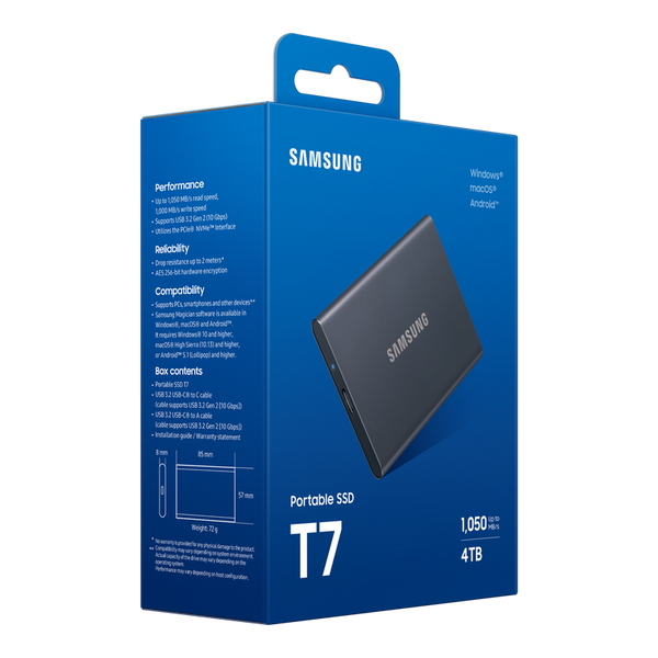 4.0TB Samsung Portable SSD T7 Titan Gray, USB-C 3.1 (85x57x8mm, 58g, R/W:1050/1000MB/s) 226341 фото