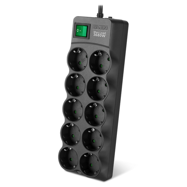 Surge Protector 10 Sockets, 3m, Sven "SF-10E-16", Black, flame-retardant material 230693 фото