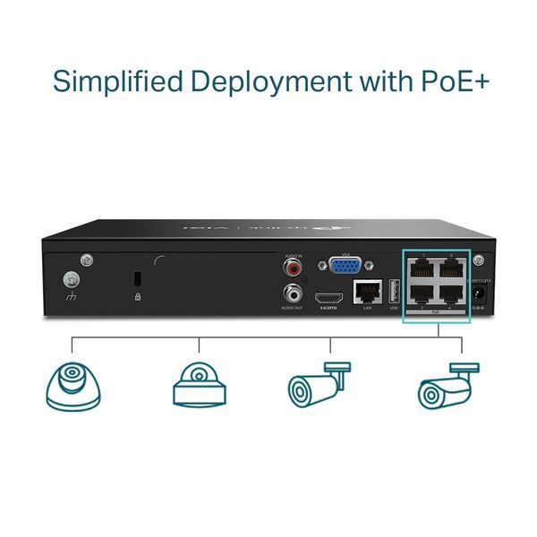 TP-Link 4 Channel Network Video Recorder "VIGI NVR1004H-4P", 1xSATA up to 10TB, 4x Ports PoE+, Budg 202988 фото