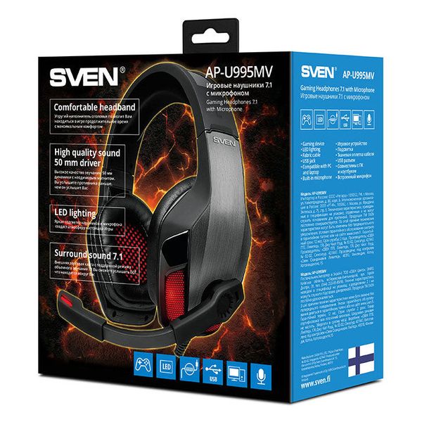 Gaming Headset SVEN AP-U995MV, 50mm drivers, 20-20000Hz, 32 Ohm, 108dB, 520g., USB, Black/Red 89118 фото