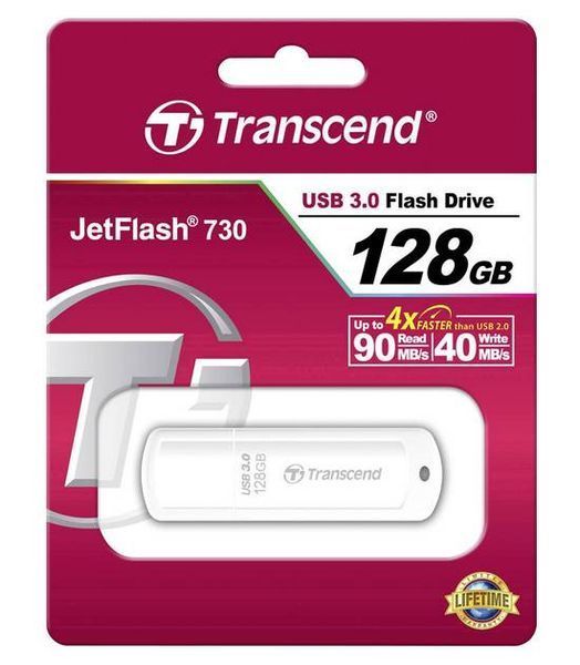 128GB USB3.1 Flash Drive Transcend "JetFlash 730", White Classic Cap (R/W:90/40MB/s) 83278 фото