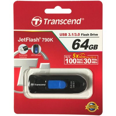 64GB USB3.1 Flash Drive Transcend "JetFlash 790", Black, Slider (R/W:90/30MB/s) 65731 фото