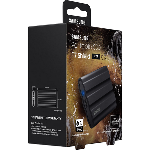4.0TB Samsung Portable SSD T7 Shield Black, USB-C 3.1 (88x59x13mm, 98g,R/W:1050/1000MB/s, IP65) 201327 фото