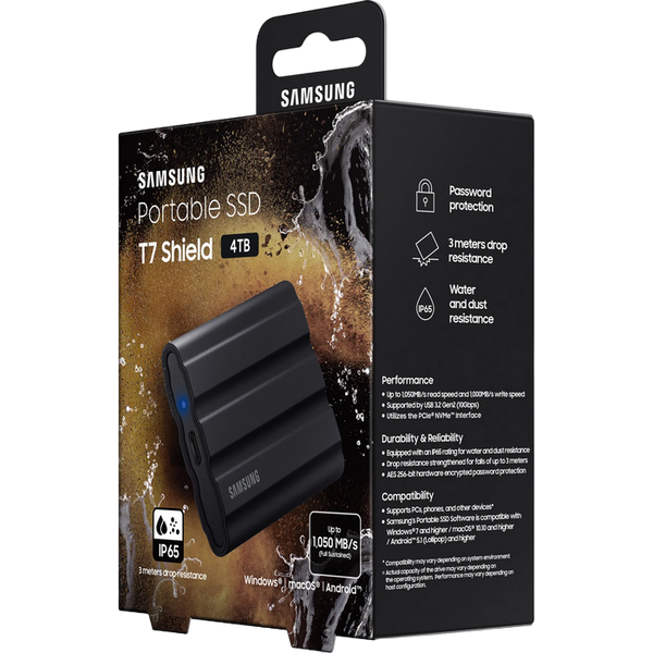 4.0TB Samsung Portable SSD T7 Shield Black, USB-C 3.1 (88x59x13mm, 98g,R/W:1050/1000MB/s, IP65) 201327 фото