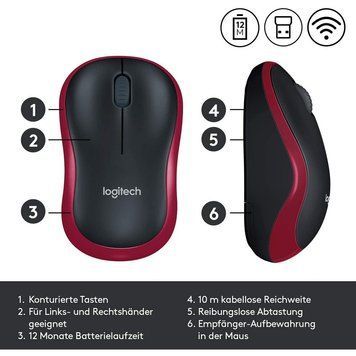 Wireless Mouse Logitech M185, 1000 dpi, 3 buttons, Ambidextrous, 75,2g., 1xAA, 2,4Ghz, Red 54019 фото