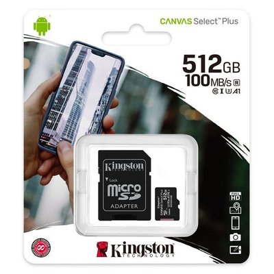 512GB MicroSD (Class 10) UHS-I (U3) +SD adapter, Kingston Canvas Select+ "SDCS2/512GB" (100/85MB/s) 117613 фото