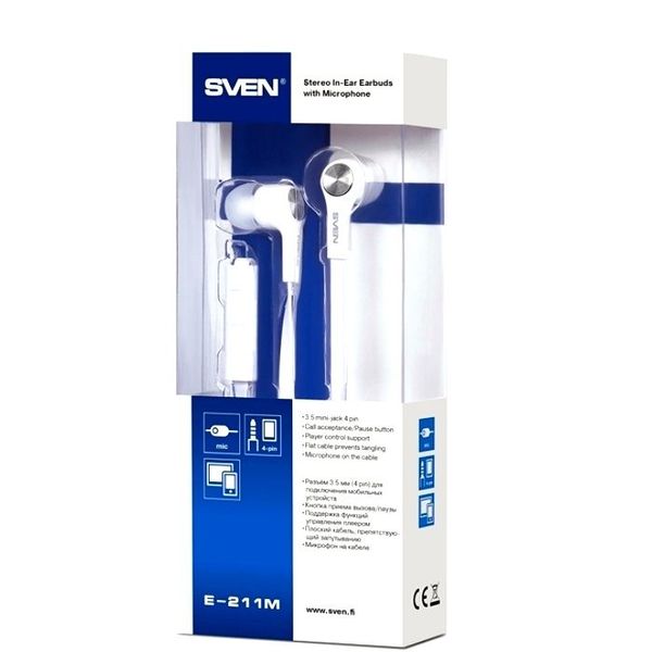 Earphones SVEN E-211M, White, with Microphone, 4pin 3.5mm mini-jack, cable 1.2m 85394 фото