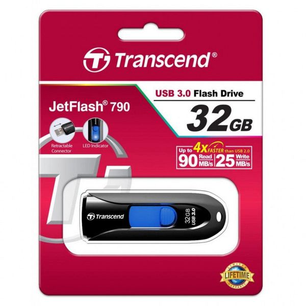 32GB USB3.1 Flash Drive Transcend "JetFlash 790", Black, Slider (R/W:90/25MB/s) 65624 фото
