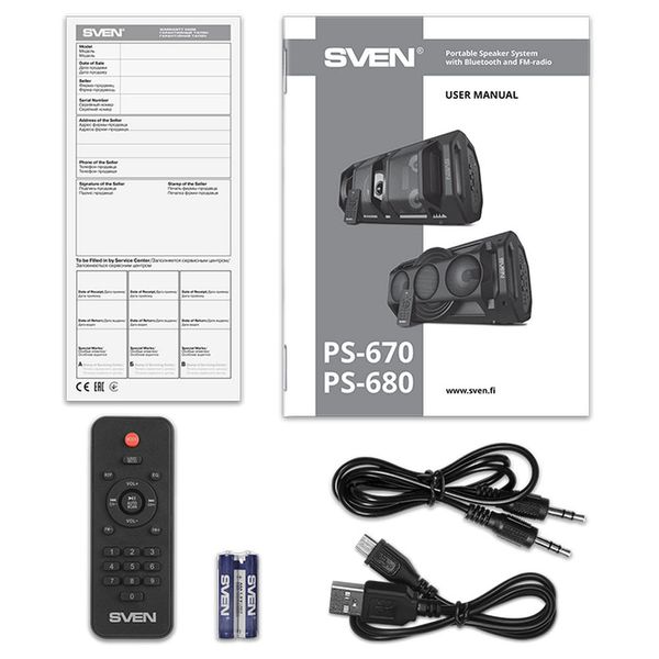 Partybox SVEN "PS-670" 65W, Black, TWS, Bluetooth, FM, USB, microSD, LED-display, RC, 2x4400mA* 139651 фото
