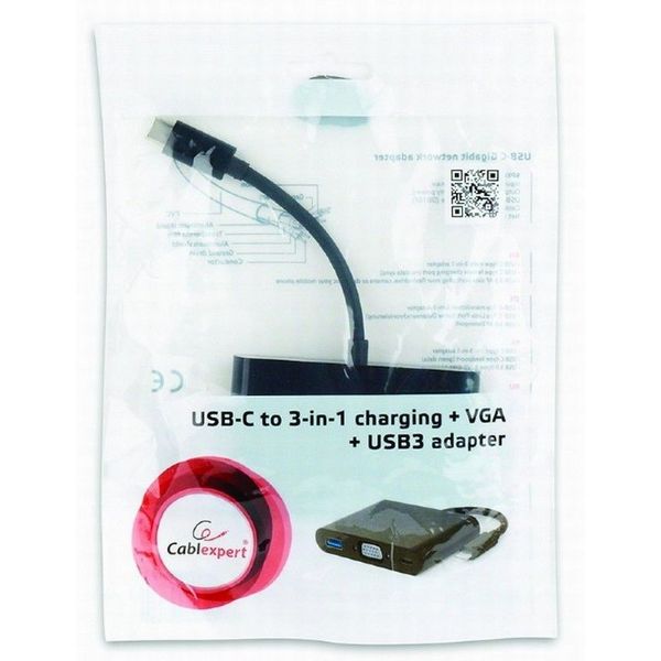Adapter 3-in-1 Type-C to VGA/USB3.0/Type-C sockets, cable 0.15m, Cablexpert A-CM-VGA3in1-01 122844 фото