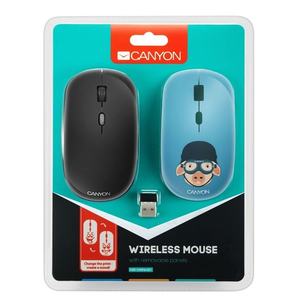 Wireless Mouse Canyon CND-CMSW401MP, Optical, 800-1600dpi, 4 buttons, Ambidextrou, 1xAA, Black/Pic. 114703 фото