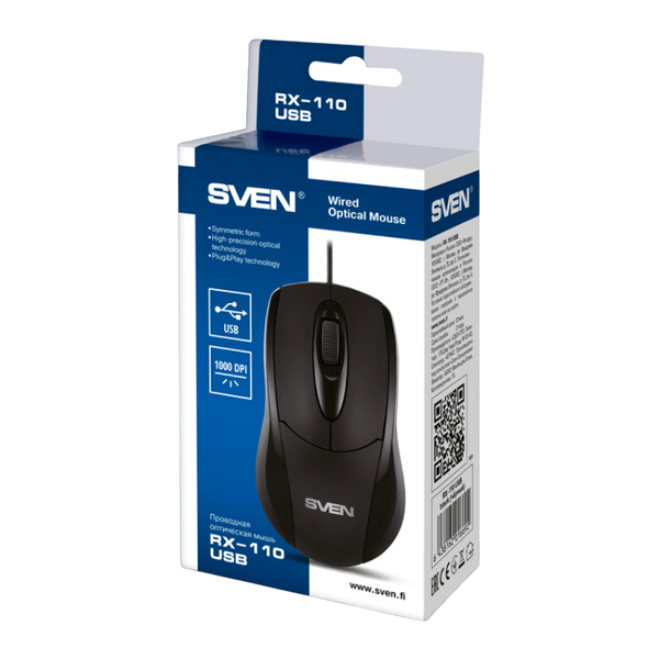Mouse SVEN RX-110, 1000 dpi, 3 buttons, Ambidextrous, 75g., 1.5m, USB, Black 89083 фото