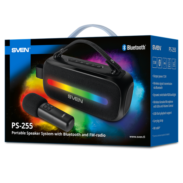 Speakers SVEN "PS-255", black, 12W, Bluetooth, FM, USB, karaoke mic, 3600mA*h 230666 Imagini