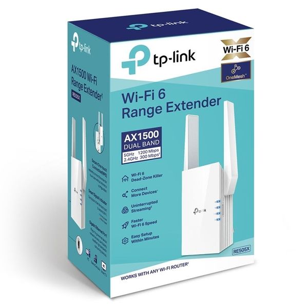 Wi-Fi AX Dual Band Range Extender/Access Point TP-LINK "RE505X", 1500Mbps, 2xExt Ant, Intgr Pwr Plug 116116 фото