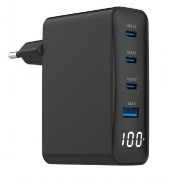 Energenie 100 W GaN USB fast charger, PD and QC 3.0, 3xUSB-C, 1xUSB-A, TA-UC-PDQC100LCD-01-BK 250451 Imagini