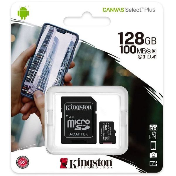 128GB MicroSD (Class 10) UHS-I (U1) +SD adapter, Kingston Canvas Select+ "SDCS2/128GB" (R:100MB/s) 113434 фото