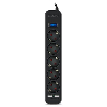 Surge Protector 5 Sockets, 3.0m, Sven SF-05LU, 2 USB ports charging (2.4A), Black 116185 фото