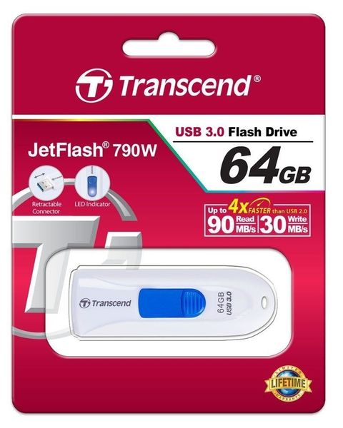 64GB USB3.1 Flash Drive Transcend "JetFlash 790", White, Slider (R/W:90/30MB/s) 67976 фото