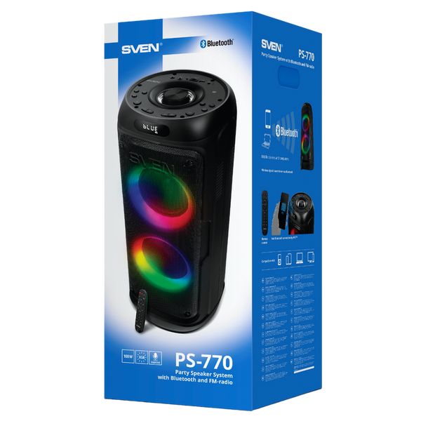 Partybox SVEN "PS-770" 100W, TWS, Bluetooth, FM, USB, microSD, LED-display, 4400mA*h 204637 фото