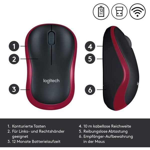 Wireless Mouse Logitech M185, Optical, 1000 dpi, 3 buttons, Ambidextrous, 1xAA, Red 54019 фото