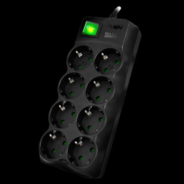 Surge Protector 8 Sockets, 5.0m, Sven "SF-08E-16", Black, flame-retardant material 205893 Imagini