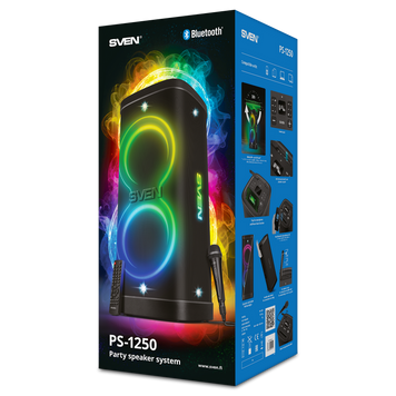 Partybox SVEN "PS-1250" 300W, TWS, IPx4, Bluetooth, FM, USB, microSD, LED-display, 13500mA*h, Black 268469 Imagini