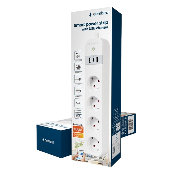 Smart power strip Gembird TSL-PS-S4U-01-W, 4 sockets, 1.5 m, with USB charger 2x USB Type-A, 1x USB 211484 фото