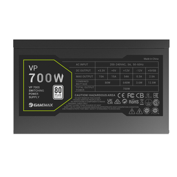 Power Supply ATX 700W GAMEMAX VP-700S, 80+ Bronze, 120mm, Active PFC, Flat cable design, Black 251314 фото