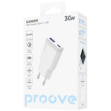 Incarcator Proove Slender 30W (Type-C + USB), White 249229 фото
