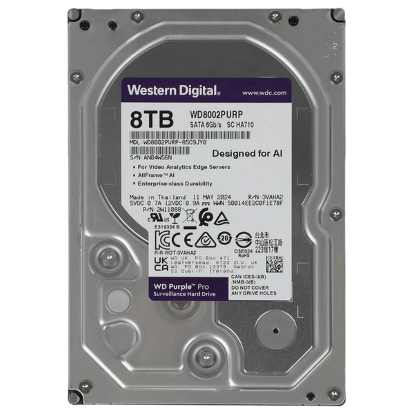 3.5" HDD 8.0TB-SATA-256MB Western Digital "Purple Pro (WD8002PURP)", Surveillance, 24/7, CMR, 7200 258589 фото